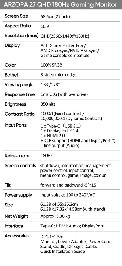 Arzopa 27″ – Moniteur Gaming
